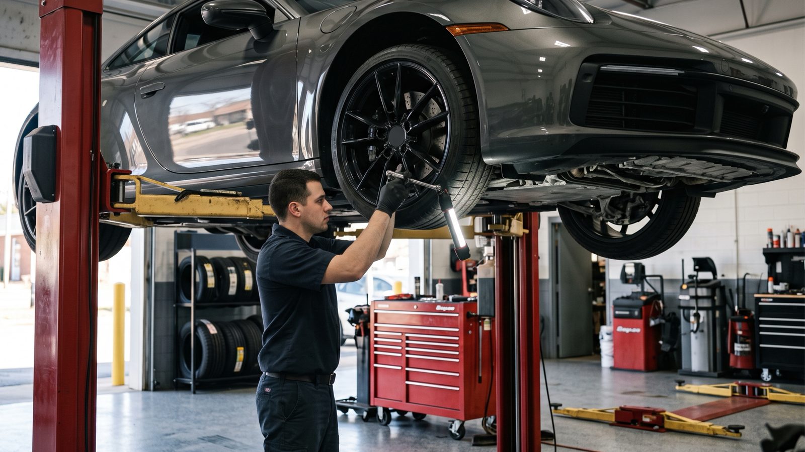 A mechanic working under a lifted car
