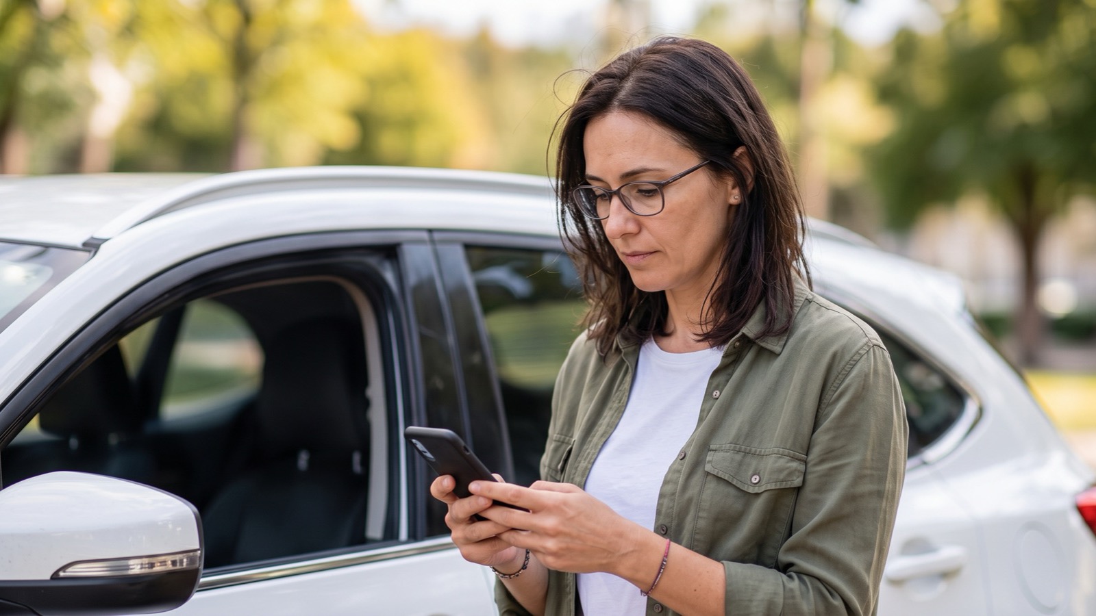A customer checking his phone beside his car
